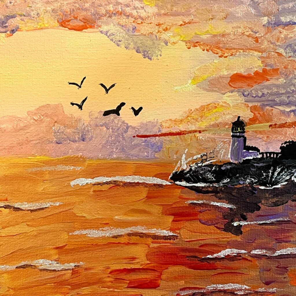 A landscape acrylic sunset painting by local Edinburgh artist Steven Watson stainsbystev